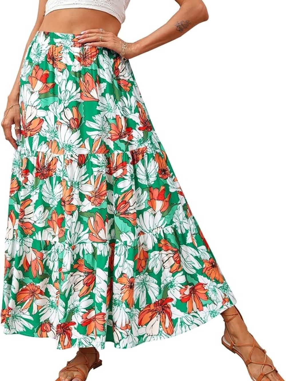 Floral Tiered Maxi Skirt in Green, White and Orange- Women's Medium